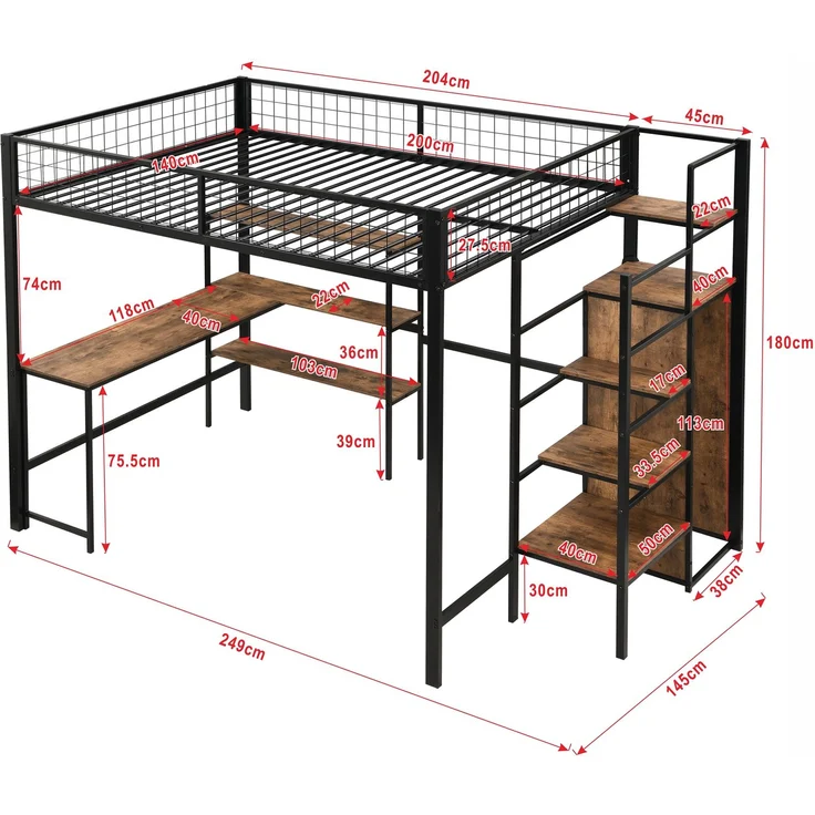 EINHOM Hochbett, 140 x 200 cm, Eisenbett, Ablageleiter, Mehrere Regale, Einbauschrank, Schreibtisch, Schwarz (Ohne Matratze) – Bild 2