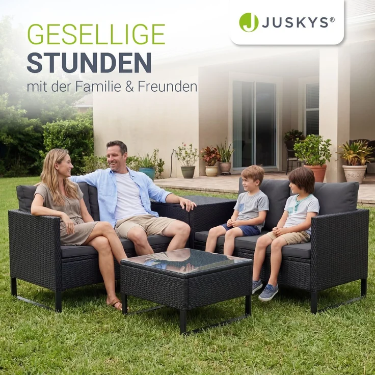 Juskys Outdoor Polyrattan Lounge Santorini inkl. Abdeckung - Gartenlounge mit Beistelltisch & Auflagenbox - Gartenmöbel Set Rattan Sitzecke wetterfest - Schwarz – Bild 7