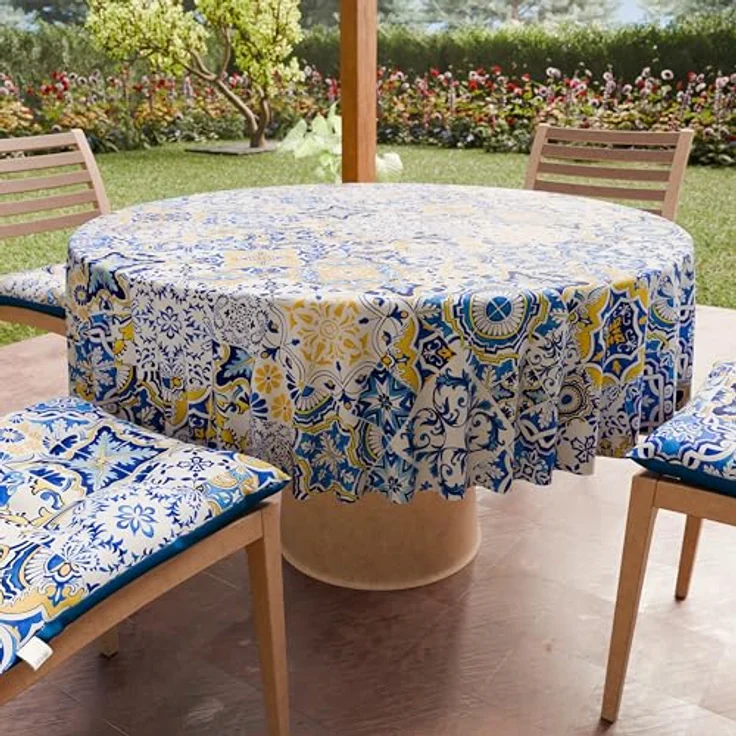 PETTI Artigiani Italiani - Schmutzabweisende runde Tischdecke aus Mikrofaser (Durchmesser 220 cm), Küchentischabdeckung für runden Tisch, Design Vietri 02, Blau, 100% Made in Italy – Bild 1
