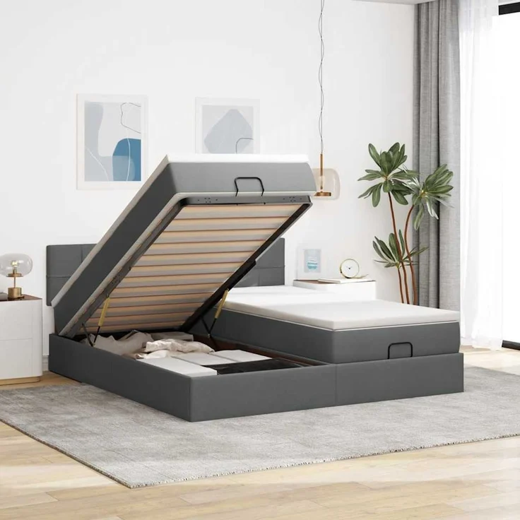 vidaXL Ottoman-Bett mit Matratzen Dunkelgrau 200x200 cm Stoff 3312002 – Bild 1