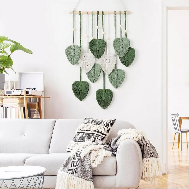 Blusmart Wandteppich Gewebter, handgefertigter Wandteppich, Höhe: 90 mm, Wandbehang mit Blattmotiv aus Baumwollseil – Bild 3