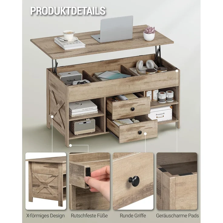 Couchtisch, höhenverstellbarer Wohnzimmertisch, Sofatisch, 2 Schubladen und Versteckter Stauraum, 50 x 100 x 47,3-61,3 cm, für Wohnzimmer, Esszimmer, Büro, Kamelbraun-Schwarz – Bild 5