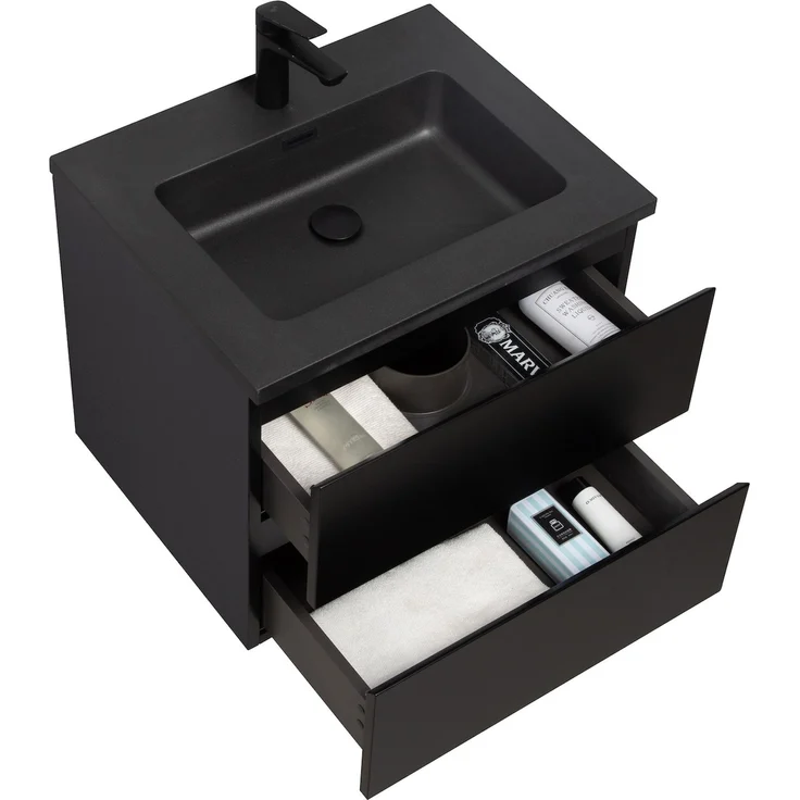 Badplaats Badmöbel Set mit Waschbecken und Unterschrank Angela 60 x 48 cm Schwarz Matt - Waschbeckenunterschrank mit Soft-Close und Schwarze Waschbecken, Vorgemontiert – Bild 2