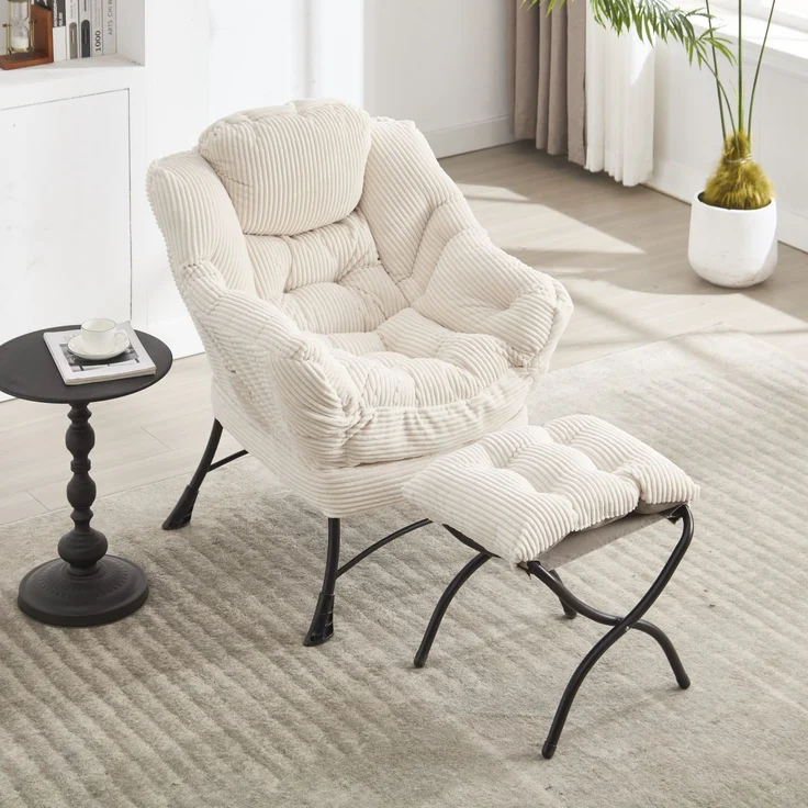 Flieks Loungesessel mit Hocker, ergonomischer Ohrensessel mit Stahlrahmen, weicher Cordstoff, Seitentasche, Beige – Bild 1