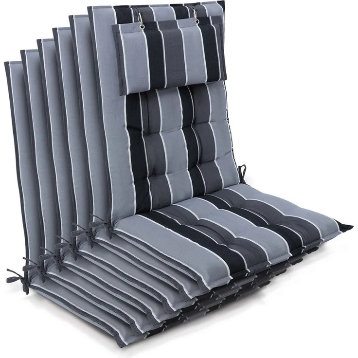 Beautissu Hochlehnerauflage 6er Set Sun-HL Hochlehner Auflage 120x50x8cm Anthrazit-Gestreift, Mit Kopfpolster, rutschfest & robust – Befestigungsbänder, UV 5 – Bild 1