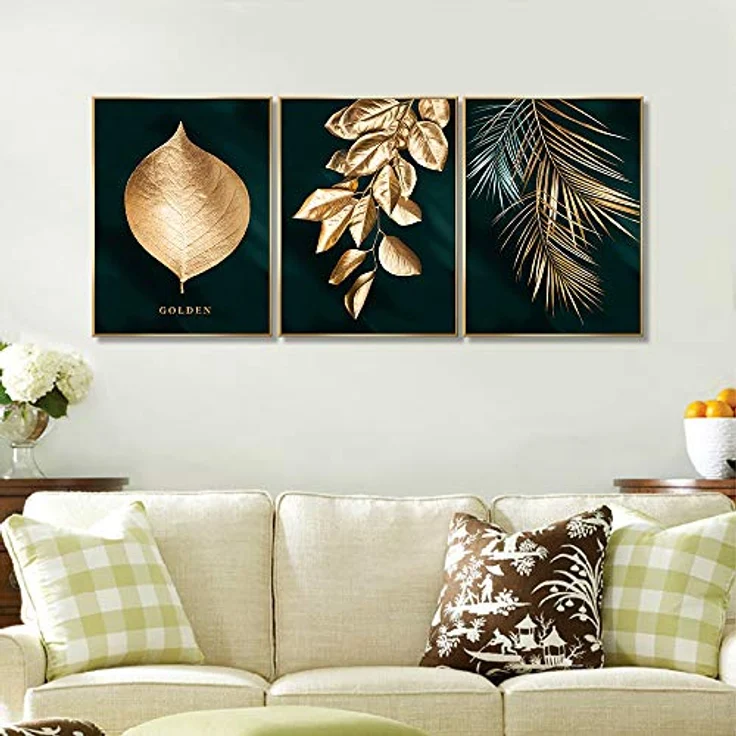 Visario Leinwandbild 120x80 cm 4414 Goldene Blätter auf dunkelgrünem Hintergrund, Wandbild mit echtem Holzrahmen für moderne Wanddekoration – Bild 2