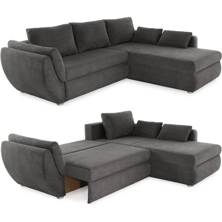 Ecksofa Schlaffunktion Couch mit Rutschenlehne Bettkasten Cord Dunkelgrau – Bild 1