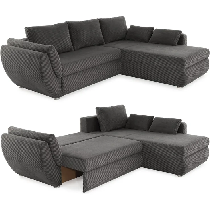 Ecksofa Schlaffunktion Couch mit Rutschenlehne Bettkasten Cord Dunkelgrau