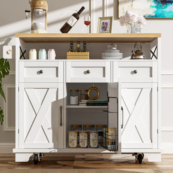 Kücheninsel 118x43-80x98 cm, weißer Küchenwagen mit klappbarer Holzoptik-Arbeitsplatte und Metallrahmen, 98cmx118cmx43-80cm – Bild 1