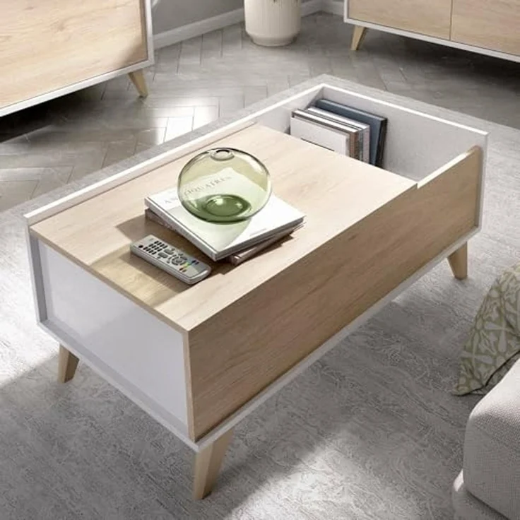 Dmora - Cuna Couchtisch, Wohnzimmer-Zeitungsständer mit Ablagefach, niedriger hochklappbarer Couchtisch, 99 x 60 x 41 cm, Eiche und Weiß – Bild 1