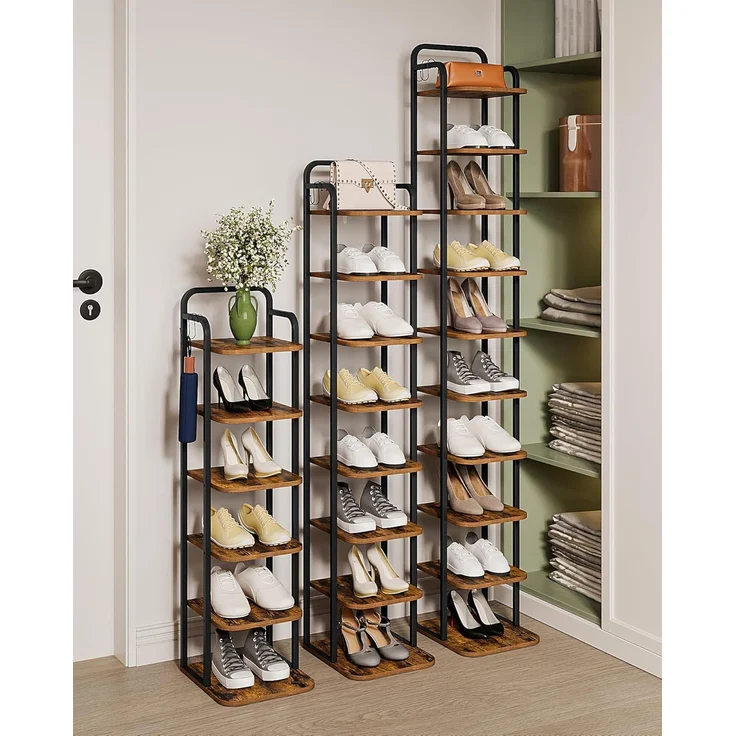 Vertikales Schuhregal, Schuhregale, Schuhturm für kleine Räume, Freistehend, Verstellbar, Platzsparend, 10-Stöckige, Braun und Schwarz – Bild 3