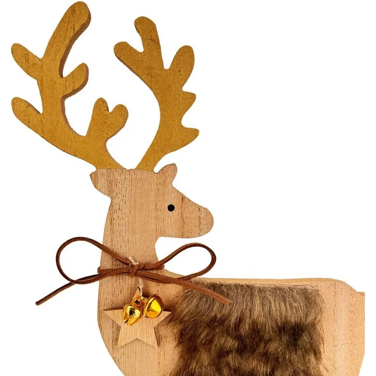 Online-Fuchs Dekofigur 2 Hirsche, Rentiere aus Holz - Deko für Herbst, Winter & Weihnachten (2er Set, mit Fellbesatz, Holzsternen, Glöckchen und Schleife), Dekoration für Sideboard, Regale, Fensterbank oder als Tischdeko – Bild 4