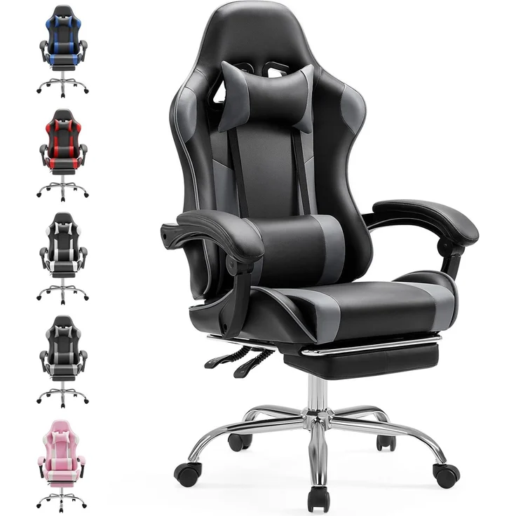 Sweetcrispy Videospiel-Schreibtischstuhl - Ergonomischer Computerstuhl mit Fußstütze und bequemer Lendenwirbelstütze, PU-Leder-Liegesessel mit Kopfstütze,grau