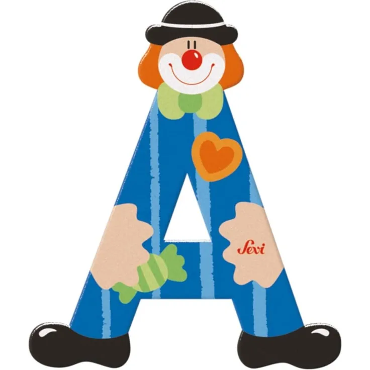 Sevi 81737 Holzbuchstabe A Clown 10 cm, Türbuchstaben für das Kinderzimmer, Alphabet und Lesen lernen, Dekoration oder p