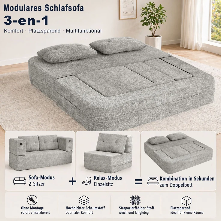 ZUBALIYA SchlafSofa mit breiten Armlehnen, modular aufgebaut, ohne aufwendige Montage, für Wohnzimmer und Apartments, Dunkelgrau – Bild 14