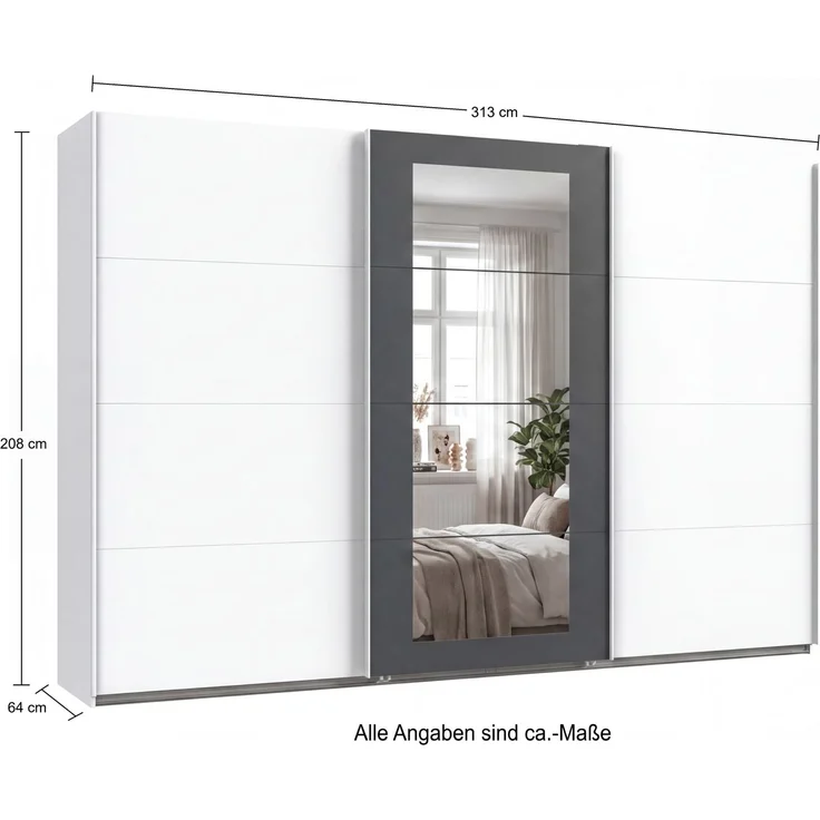 Schwebetürenschrank 3-trg Kleiderschrank 313 cm in Weiß Spiegel umrahmt in Grafit – Bild 8