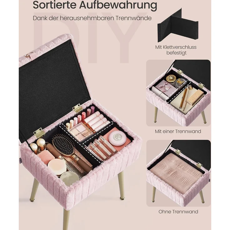 SONGMICS Schminktisch-Stuhl, Hocker mit Stauraum, Schminkhocker, Fußhocker, Metallbeine, gepolstert, verstellbare Füße, Wohnzimmer, Schlafzimmer, Ankleidezimmer, pastellrosa – Bild 5
