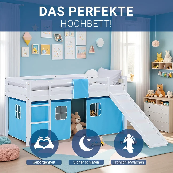 Hochbett Kinder 90x200 cm mit Rutsche Kinderbett Kinderhochbett Stockbett Vorhang Blau Leiter Holz Massiv – Bild 4
