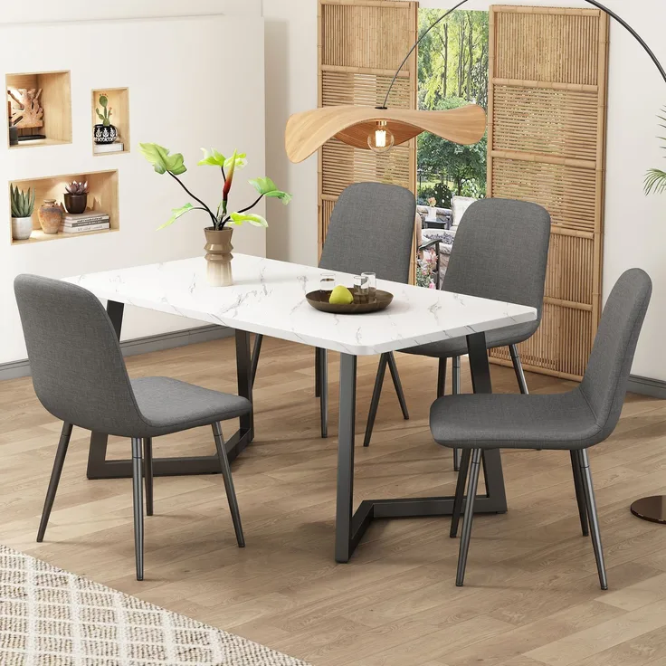 5-teiliges Esszimmer-Set Tisch + 4 Leinenstühle Grau Modern Küche Wohnzimmer Büro