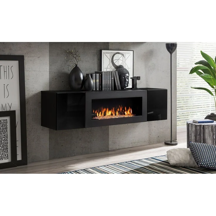 ASM-Moebel TV-Wand, mit Bio-Ethanol Kamin und Hochglanz Fronten FLY SBK, Push-Click System, 40 x 160 x 40 cm – Bild 3