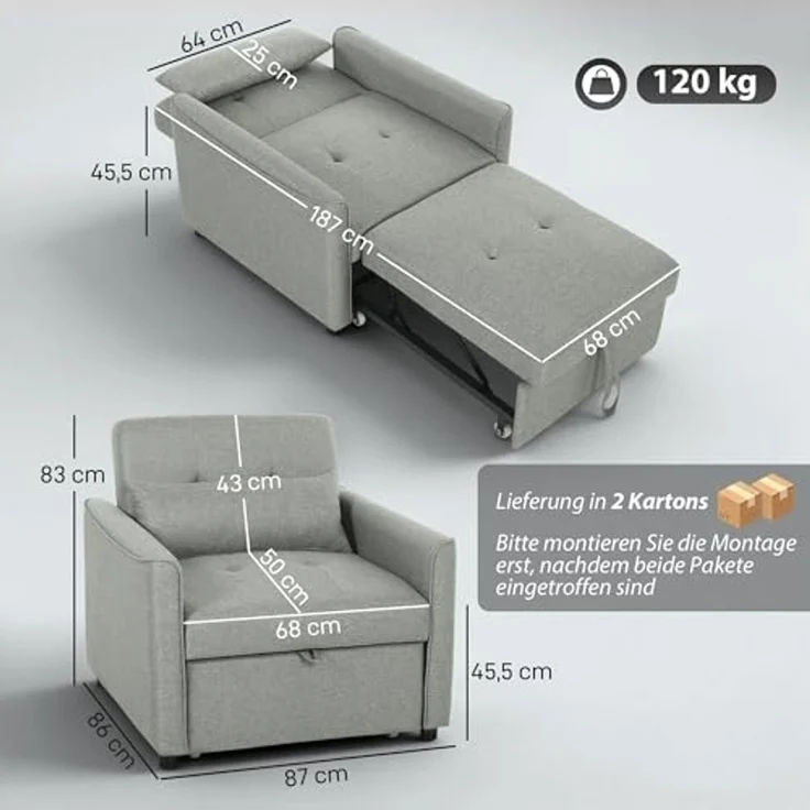 HOMCOM Schlafsofa mit Verstellbarer Rückenlehne, Breiter Sitzfläche, Lendenkissen, Umwandelbarer Sessel mit Bettfunktion 1 Teile, für Wohnzimmer, Wohnung, Grau – Bild 3