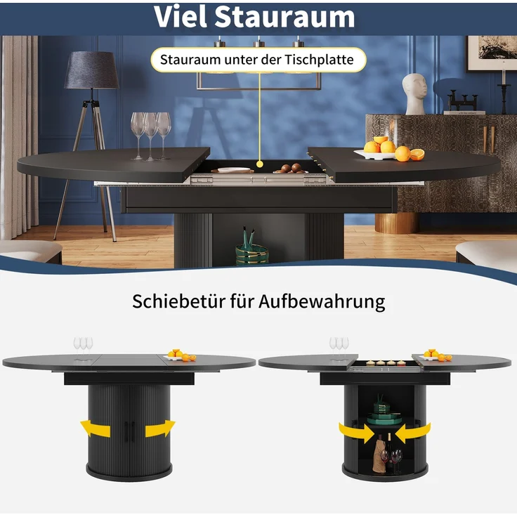 Merax Esstisch ausziehbar, Esszimmertisch, Küchentisch, balkontisch, ausziehbare Tischplatte Runder Esstisch, ausziehbar zu oval, 118-158 cm, Platz für bis zu 6 Personen, Schwarz – Bild 6