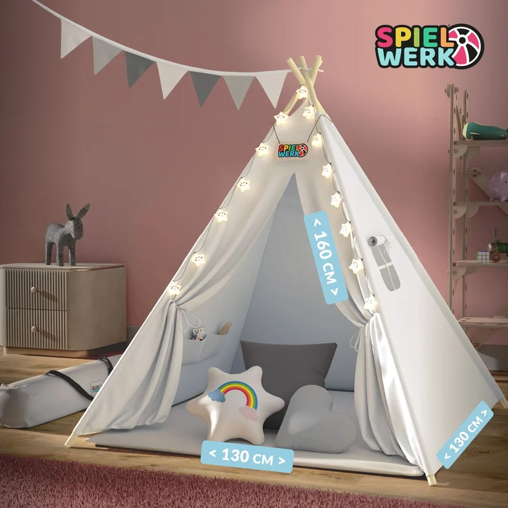 Spielwerk Kindertipi mit Lichterkette, Bodenmatte & Kissen, Baumwolle weiß, 120 x 120 x 160 cm – Bild 7