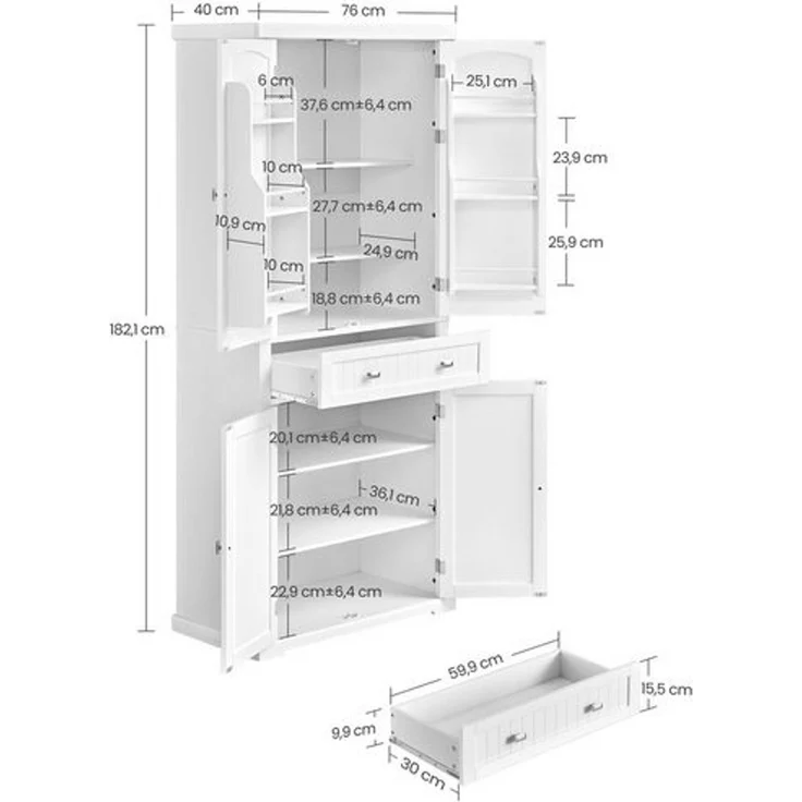 Vasagle Küchenschrank mit Schublade, 4 verstellbare Ablagen, 6 Türfächer, Holz weiß, 40 x 76 x 182,1 cm – Bild 5