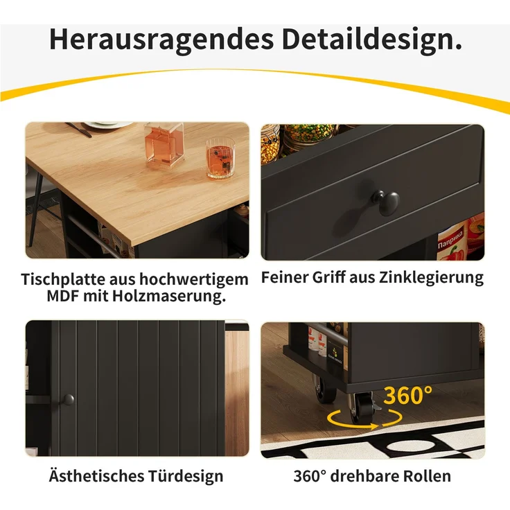 Merax Kücheninsel mit herausnehmbaren Trennwänden, Küchenschrank, Esszimmerwagen mit Arbeitsplatte, Buffetschrank, Esszimmerwagen mit Holzmaserung, ausgestattet mit Snackhalter und Weinglasregal, schwarz – Bild 7