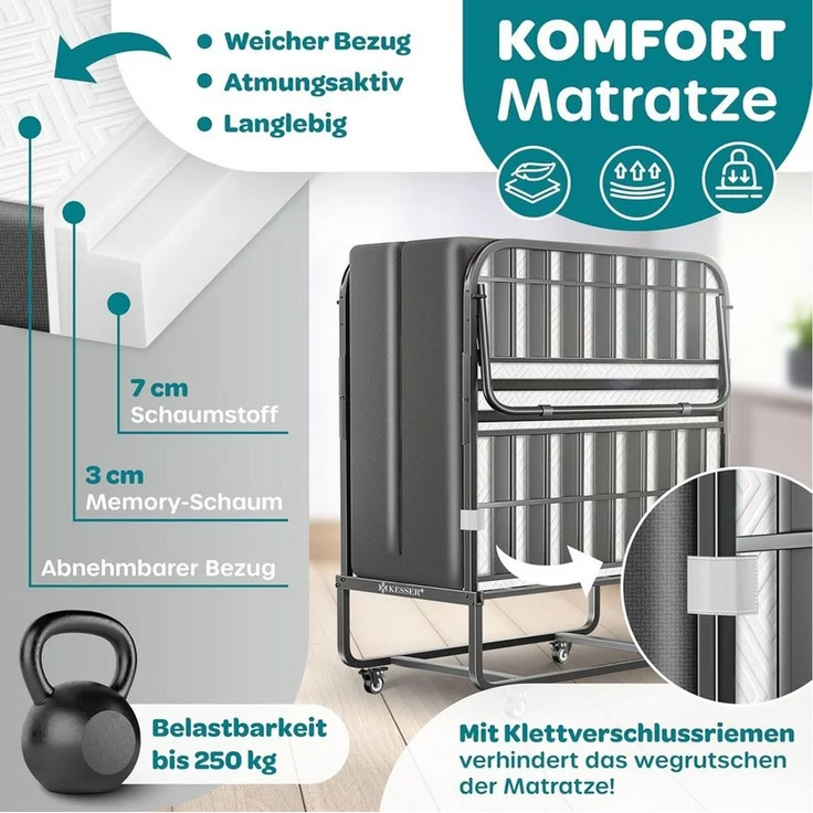 KESSER® Gästebett 90x200 cm inkl. Matratze aus Memory-Schaum & Rollen, faltbares Reisebett mit Metallrahmen belastbar bis 250 kg, Metallbett mit Schaumstoffmatratze & Cover Anthrazit / Weiß, Premium Komfort – Bild 4