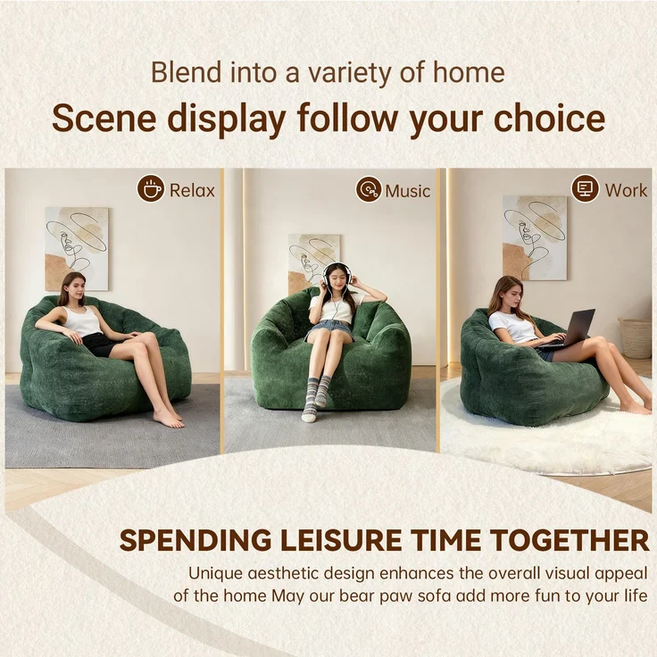 Ergonomischer, runder Sitzsack „Shimmer Bear Paw Sofa“ mit ergonomischer Form und optimaler Körperanpassung für vielseitigen Komfort und Entspannung zu Hause – Grün – 86,3 x 99 x 64,7 cm – YOUDENOVA – Bild 6