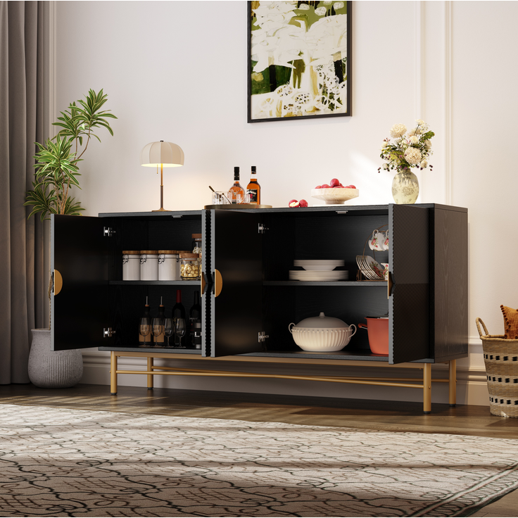 DESVIAE Sideboard mit 4 Türen und Soft-Close 160x82x40 cm aus MDF und Spanplatte Schwarz – Bild 3