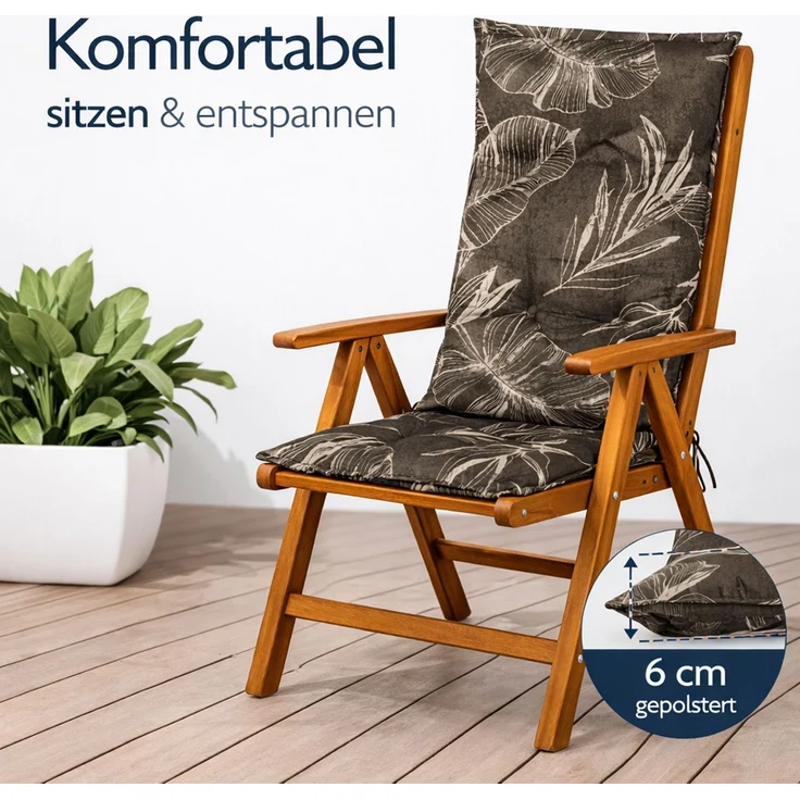BURI 2x Hochlehner Auflage 117x49x6 cm - wetterfeste Gartenstuhlauflage mit Schaumkern & Vollvlies, Halteband & Bindebänder, bequemes Stuhlpolster für Balkon, Terrasse & Garten (Grau Blätter) – Bild 3