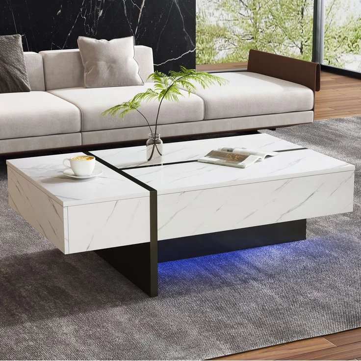 Couchtisch 105x60x35 cm mit 3 Schubladen und LED – Wohnzimmertisch in Weiß mit Hochglanzplatte – Bild 3