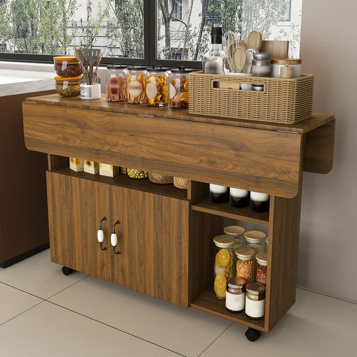 Flieks Mobile Kücheninsel 110x70x80 cm, klappbarer Küchentisch mit Rollen, Ablageböden & Stauraum, Esstisch und Sideboard, Braun – Bild 2