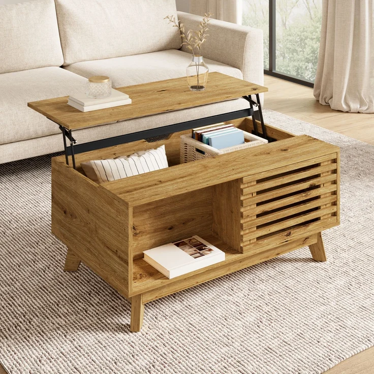 Couchtisch Modern Retro, höhenverstellbare Tischplatte, verschiebbare Jalousietür, Holz-Optik, MDF-Korpus, multifunktionaler Wohnzimmertisch--Natürlich--90x55x57.5cm--YOUDENOVA – Bild 2
