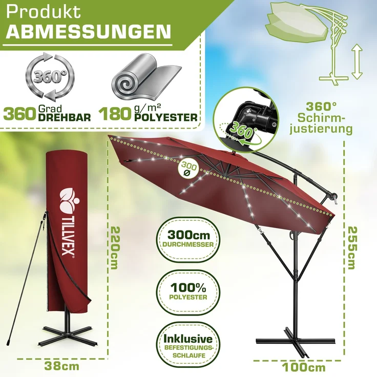 tillvex Alu Ampelschirm Rot LED Solar Ø 300 cm mit Kurbel | Sonnenschirm mit An-/Ausschalter | Gartenschirm UV-Schutz Aluminium | Kurbelschirm mit Ständer Marktschirm wasserdicht – Bild 2