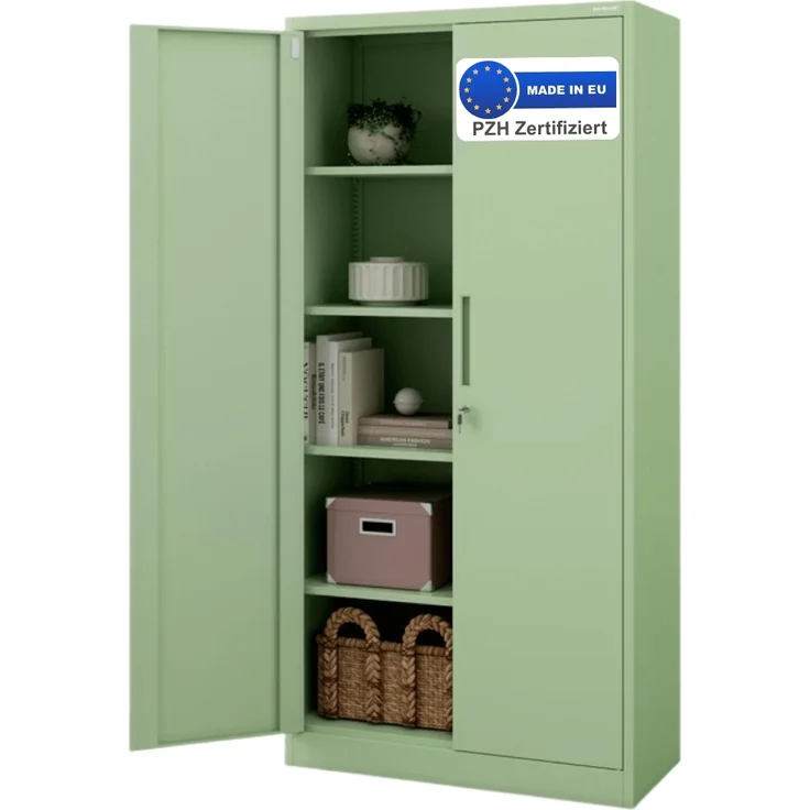 Aktenschrank abschließbar KADO - 5 Ebenen verstellbar, Flügeltüren | Metallschrank Werkstatt Mehrzweckschrank Büroschrank aus Stahl Werkzeugschrank, 195x90x40cm Pastellgrün – Bild 1