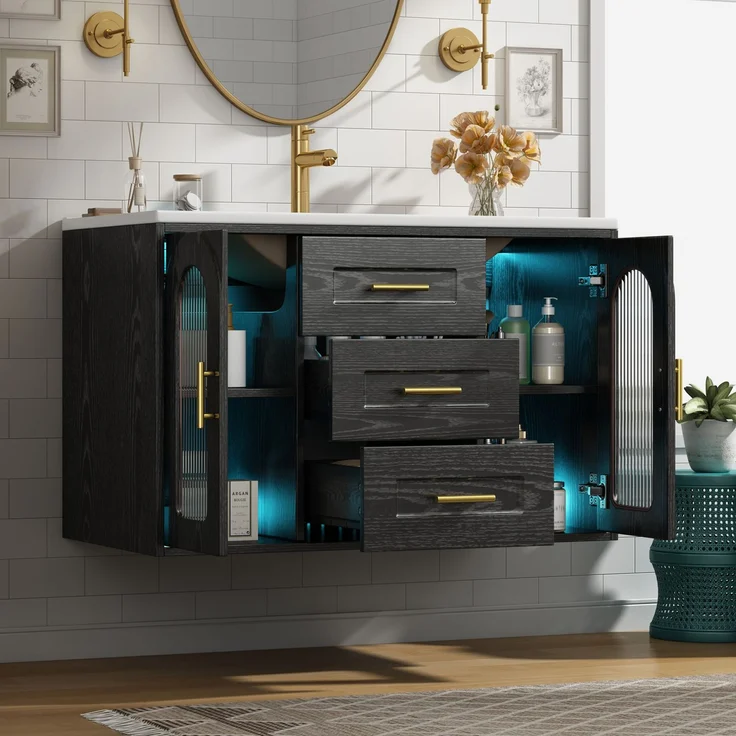 Waschtischschrank 76x46x55 cm Schwarz mit geriffelter Glastür, LED und Keramikwaschbecken – Bild 2