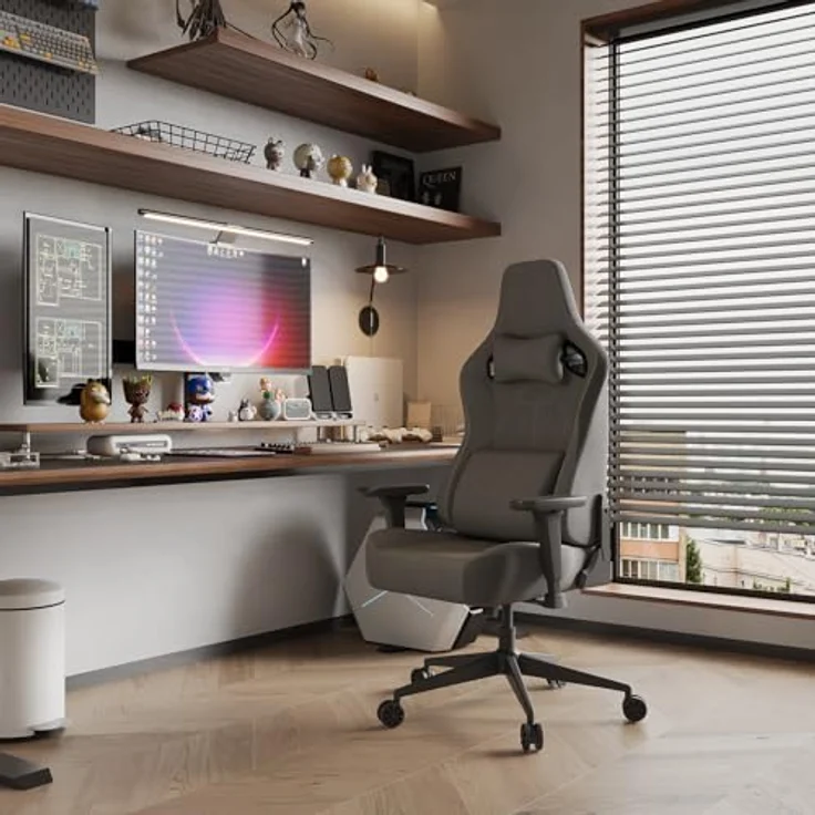 JUMMICO Gaming Stuhl aus Stoff mit Rennsitz, Komfort Bürostuhl Ergonomisch mit 3D-höhenverstellbaren, Schreibtischstuhl Neigefunktion (90°-135°), Belastbarkeit 200 kg, Grau – Bild 2