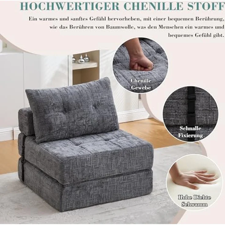 Ball & Cast Bodensofa, Umwandelbarer 2-in-1 Sofa Bett, Chenille Klappsofa mit Rückenlehne für Wohnzimmer und Schlafzimmer, Grau, 1 Sitzplatz – Bild 7