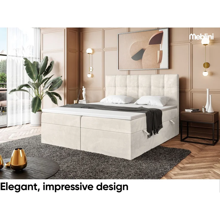 MEBLINI Boxspringbett KAI 140x200cm - H3/Creme Samt - mit Bettkasten - Gepolstert Doppelbett mit Matratze und Topper - Polsterbett mit Stauraum - Bett mit Kopfteil – Bild 3
