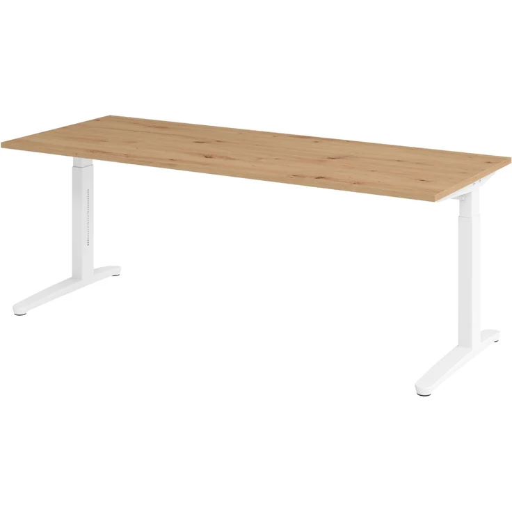 bümö manuell höhenverstellbarer Schreibtisch 200x80 in Asteiche, Gestell in weiß - PC Tisch höhenverstellbar & groß, höhenverstellbarer Tisch Büro, großer Computertisch verstellbar, X20-R-WW – Bild 1