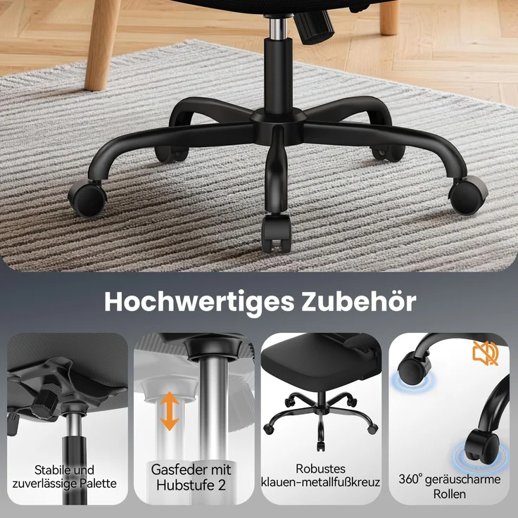 Botifly Ergonomischer Bürostuhl, Mesh-Gewebe, Schwarz, 90°-120° Wippfunktion, 10 cm Höhenverstellbar – Bild 6