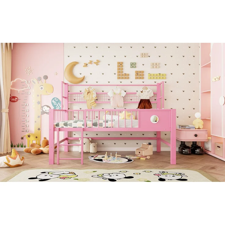 EINHOM Kinderbett 90 x 200 cm, Niedriges Hochbett mit Metallrahmen und Ablagefächern, Geeignet für Kinder und Jugendliche. Rosa (Ohne Matratze) – Bild 5