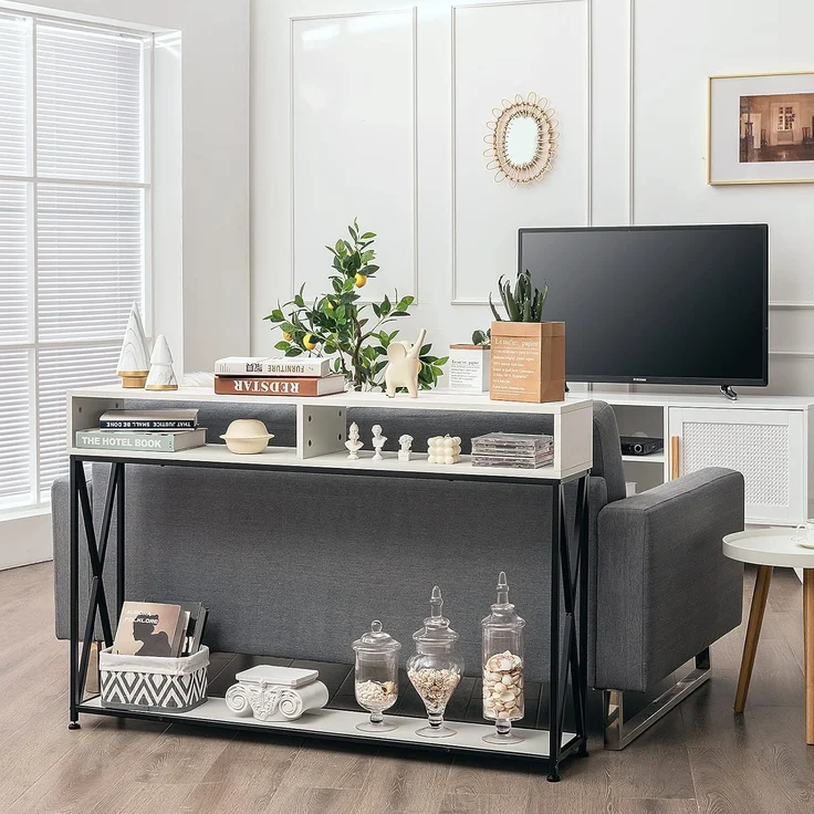 COSTWAY 2 Ebenen Konsolentisch mit offnen Fächern, Flurtisch aus Holz, Standregal, Beistelltisch für Eingang, Wohnzimmer und Schlafzimmer, 120 x 23 x 79 cm (Weiß) – Bild 8