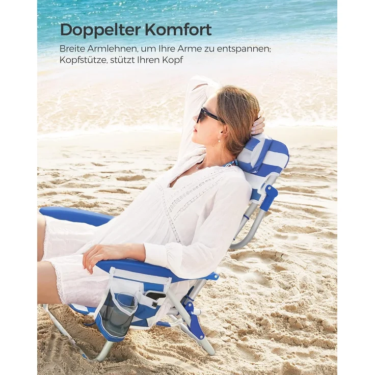 SONGMICS Strandstuhl, faltbar mit Schultergurt, verstellbarer Rückenlehne & Kopfstütze, Blau / Weiß – Bild 4