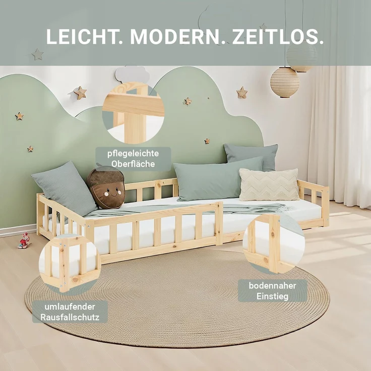 Kinderbett 90x200 Bodenbett mit Rausfallschutz Montessori Bett Kleinkindbett Holz Kiefer Natur Massiv Einzelbett Lattenrost Bettgestell – Bild 10