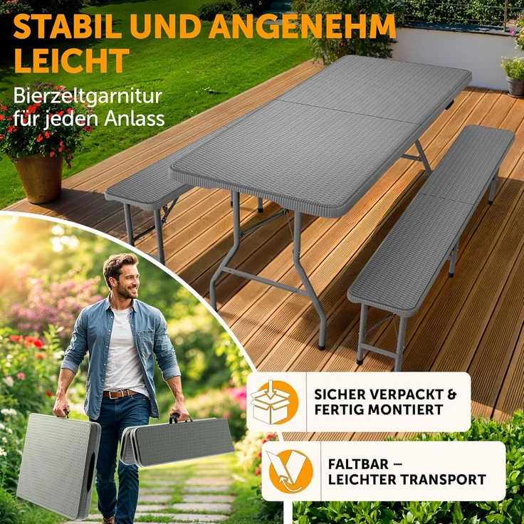 Blumtal Bierzeltgarnitur 3er Set - 2X Bierbank + 1x Biertisch - tragstarke Biertischgarnitur klappbar für 8 Personen - Bierbankgarnitur mit Tragegriff - Biergartengarnitur in Rattan-Optik Grau – Bild 2