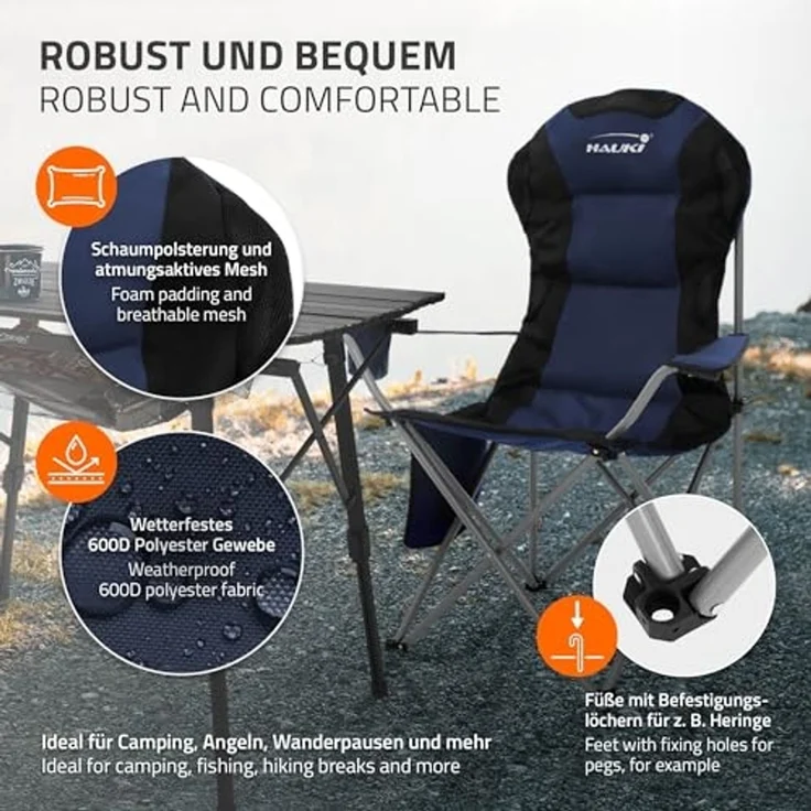 Hauki Campingstuhl Faltstühl faltbar mit Getränkehalter & Tragetasche bis 150kg (2 St), 2x Klappstuhl 56x95x110cm Blau Angelstuhl mit Hochlehner Gepolster – Bild 7